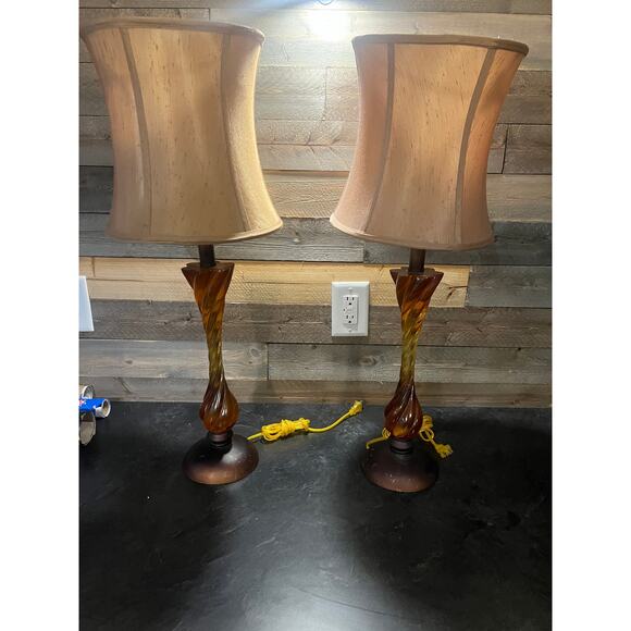 Vintage MCM Lamps Brown Amber Living Room Decor Beige Lamp Shade Set of 2 - Picture 1 of 14